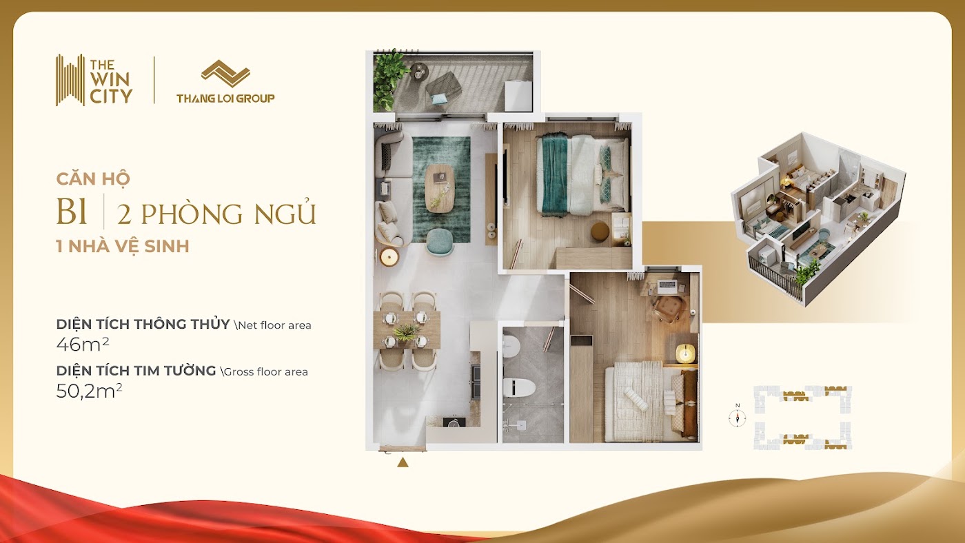2 phòng ngủ 1 WC