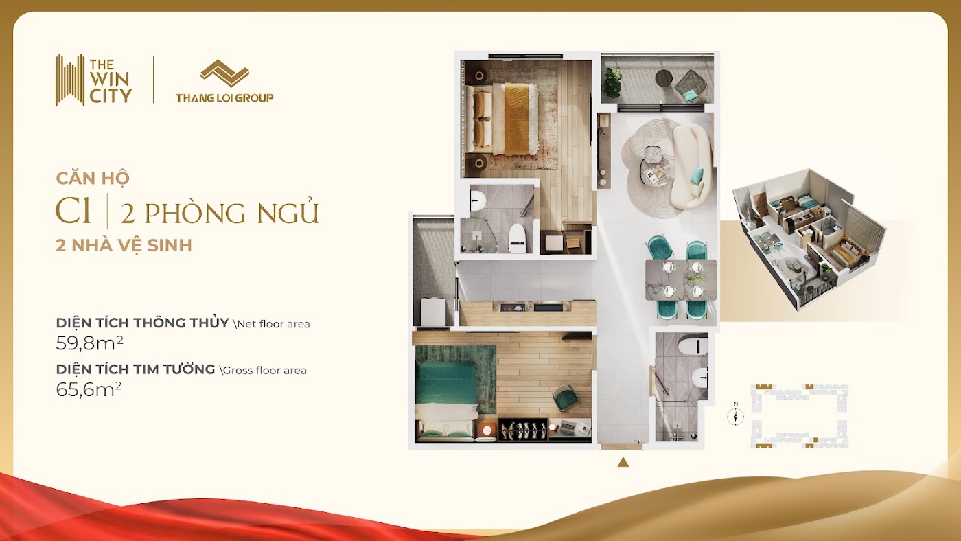 2 phòng ngủ 2 WC